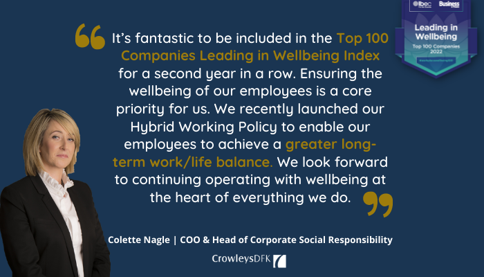 Our COO & Head of Corporate Social Responsibility, Colette Nagle, shares her thoughts on our inclusion in the Top 100 Companies Leading in Wellbeing Index: crowleysdfk.ie/news-publicati…

#WorkplaceWellbeing100 #WellbeingAtWork #WorkplaceWellness