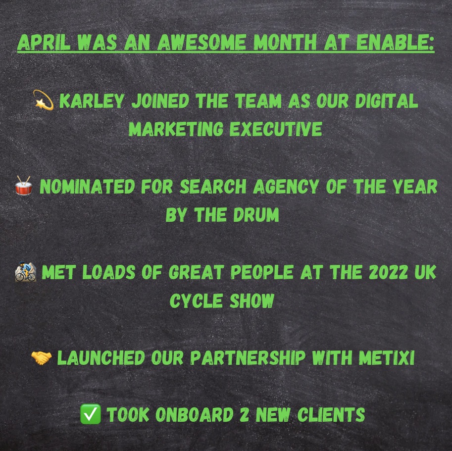 weareenableuk's tweet photo. April's monthly review, onwards and upwards into May!! 💥 🚀

#digitalmarketing #ppc #paidsocial #monthlyreview https://t.co/YCOddKLGmx