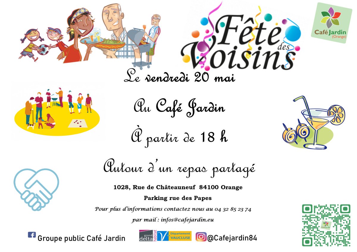 Le vendredi 20 mai à partir de 18h c’est la fête des voisins au Café Jardin venez passer un moment de rencontre, d’échange et de partage 😊