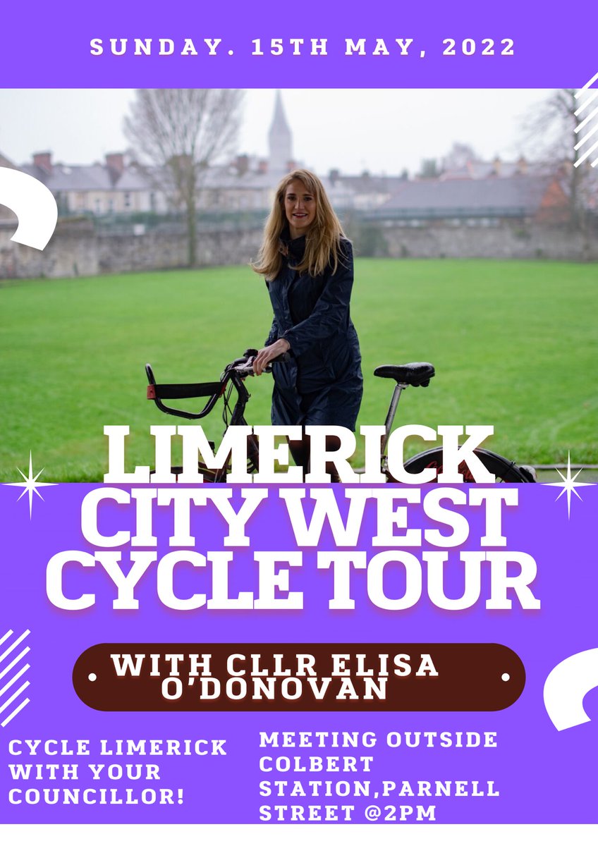 elisaodonovan's tweet photo. All invited to join me for #BikeWeek2022 for a Limerick City West cycle tour. Meeting @ 2pm outside Colbert train station on Sunday 15th May. We will cycle to upcoming cycling projects in Limerick City West. All welcome to cycle with their local Councillor 🚲 https://t.co/khL0vFOgOG