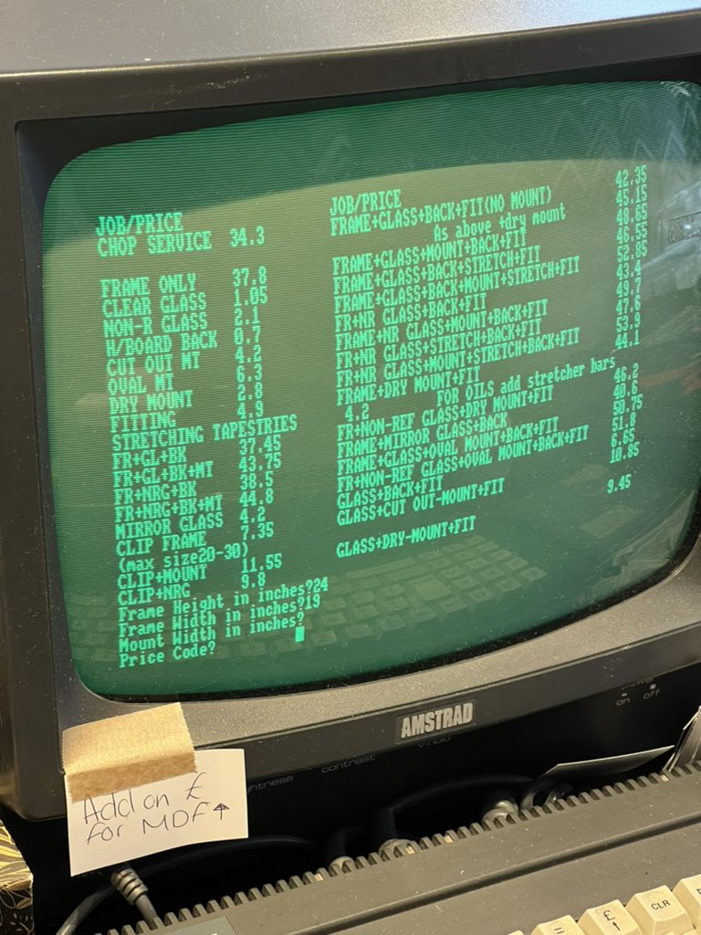 lemonwatcher's tweet photo. Delighted to discover that a local frame shop runs entirely on an Amstrad CPC 6128: https://t.co/l5dEpB1QbX