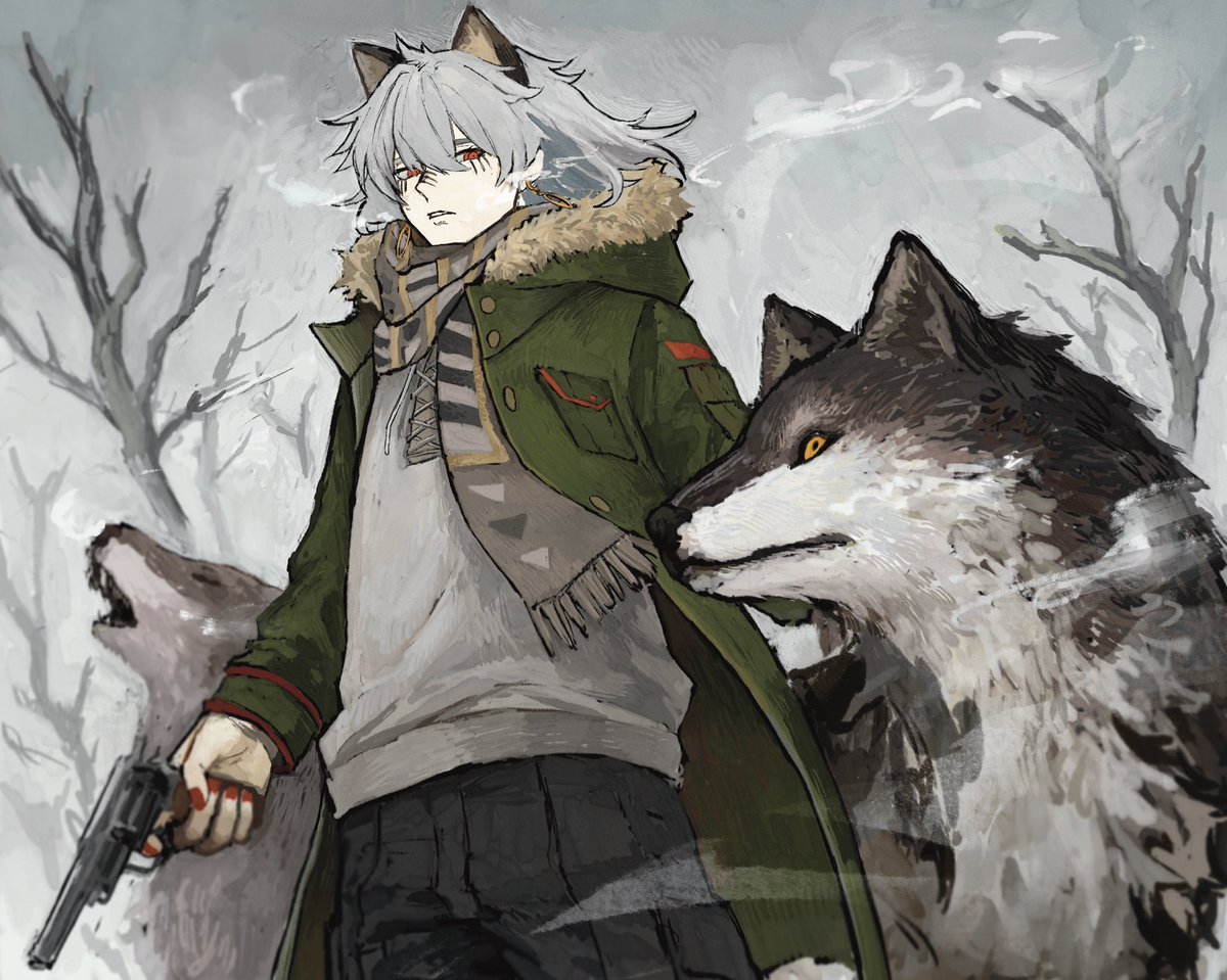 wolf gun weapon scarf animal ears 1boy holding  illustration images