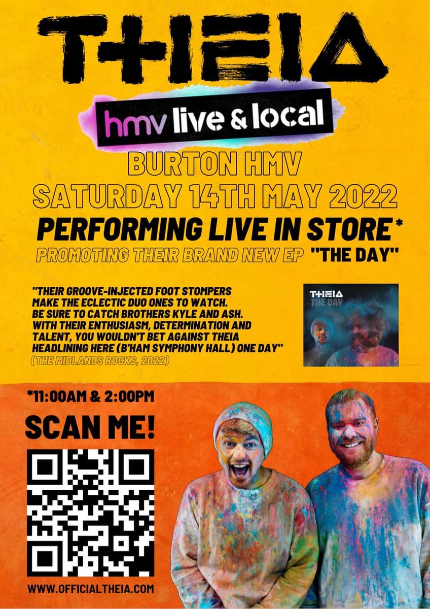 hmvburton's tweet photo. If you love live gigs then pop on down to the store on Saturday 14th May to check out our local band ⁦@THEIA_uk⁩ who will be performing &amp; selling their CDs too! 
We can’t wait… see you there! 
#LiveAndLocal 
#FreeMusicGig 
⁦@ShoppingOctagon⁩ https://t.co/x8W3sbg3P9