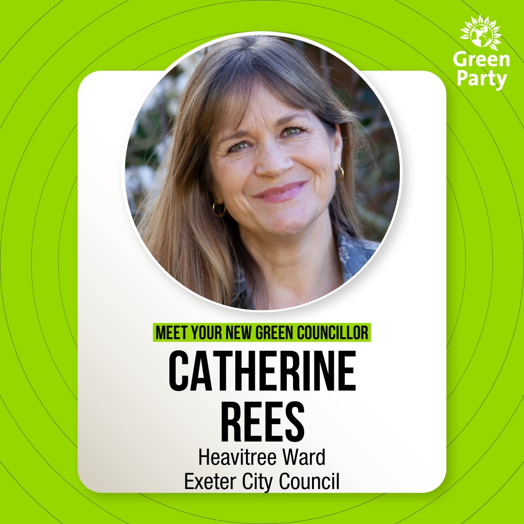 Now the dust has settled after our stunning victories [yes plural] in Heavitree #Exeter last night, let's introduce your new Green councillors.
Firstly <a href="/CatherineRees7/">Catherine Rees</a> who's priorities are health &amp; wellbeing. She has pledged to listen to the needs and concerns of local people.