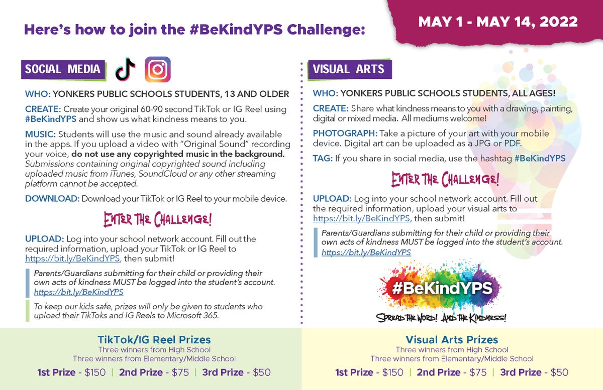 mhacyonkers's tweet photo. Have you seen @YonkersSchools #BeKindYPS Challenge?🌟 Show what kindness means to you by creating a #TikTok, IG #Reel, or another original piece of art 🤳🖼️ and use #BeKindYPS. Learn more here: https://t.co/jpoeXCz0ep 📢 Spread the word and the kindness! https://t.co/cdT2J7nBhQ