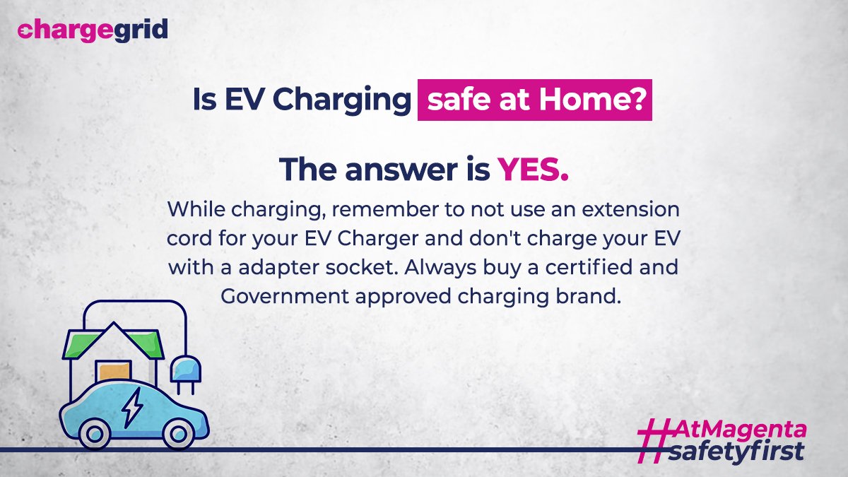 MagentaMobility's tweet image. Among the several ongoing incidents and misleading information, here&apos;s a quick understanding of whether EV Charging is safe at Home. 
The answer is YES and will always be. Baaton pe mat jao, apni soch badhao! AtMagentaSafetyfirst

#Magenta #ChargeGrid #AtMagentasafetyfirst