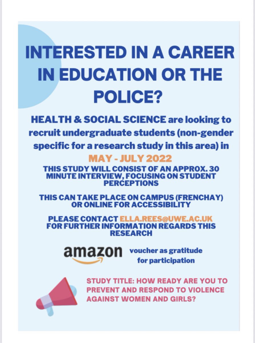 ellarees20's tweet photo. 📣 CALL FOR PARTICIPANTS. We are looking for undergraduate students at UWE, interested in a career in Education or Policing, for a short interview either on Campus or online. ‼️ TW: VAWG, SV @CriminologyUWE @UWE_Research @PsychUWEBristol @UWESociology https://t.co/uuxBOcSFkB