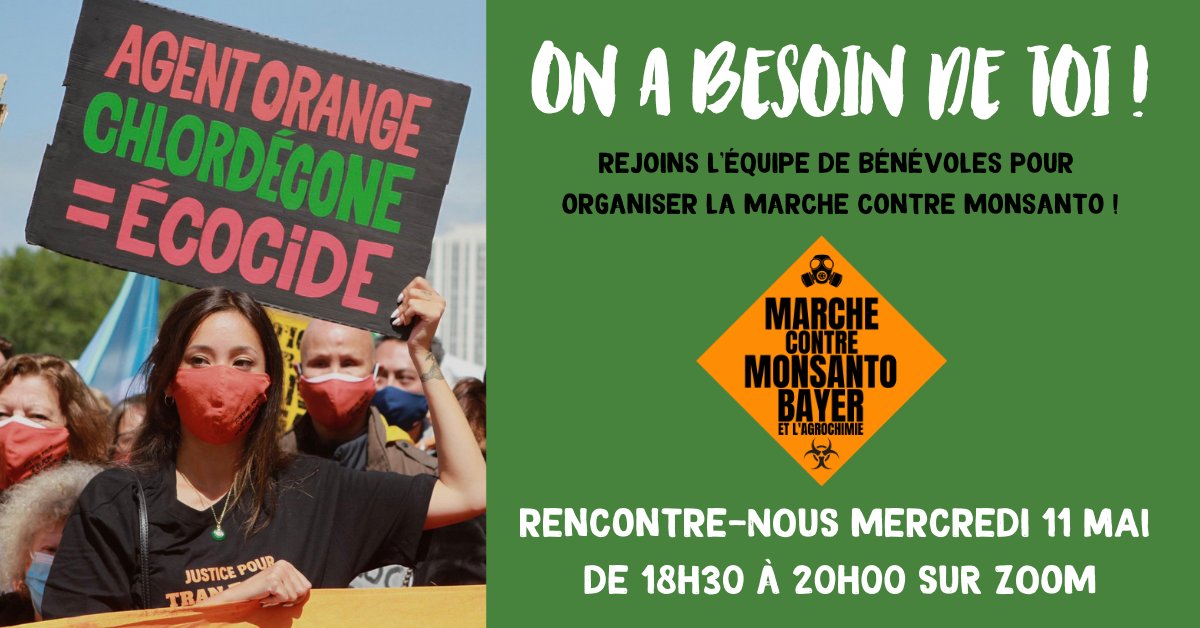 Dans 15 jours à Paris et dans plusieurs villes de France a lieu la Marche contre #Monsanto👊!

Tu as envie de t’impliquer ? 

Alors RDV le 11 mai 18h30-20h00 sur zoom pour te présenter les différents rôles ! 

Nous avons besoin de TOI ! 

Zoom➡️us06web.zoom.us/j/81712058906?…