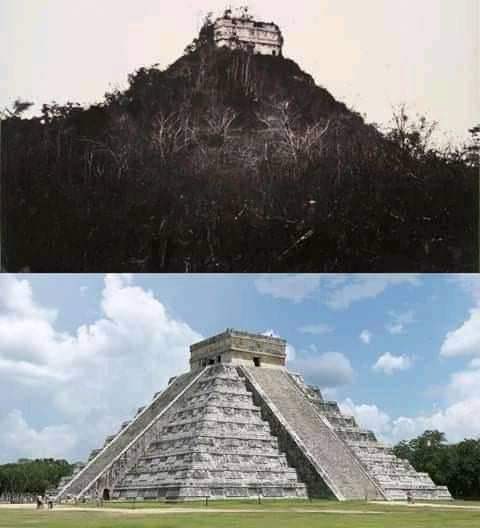 Chichén Itzá cuando fue descubierta en 1892 versus la actualidad.