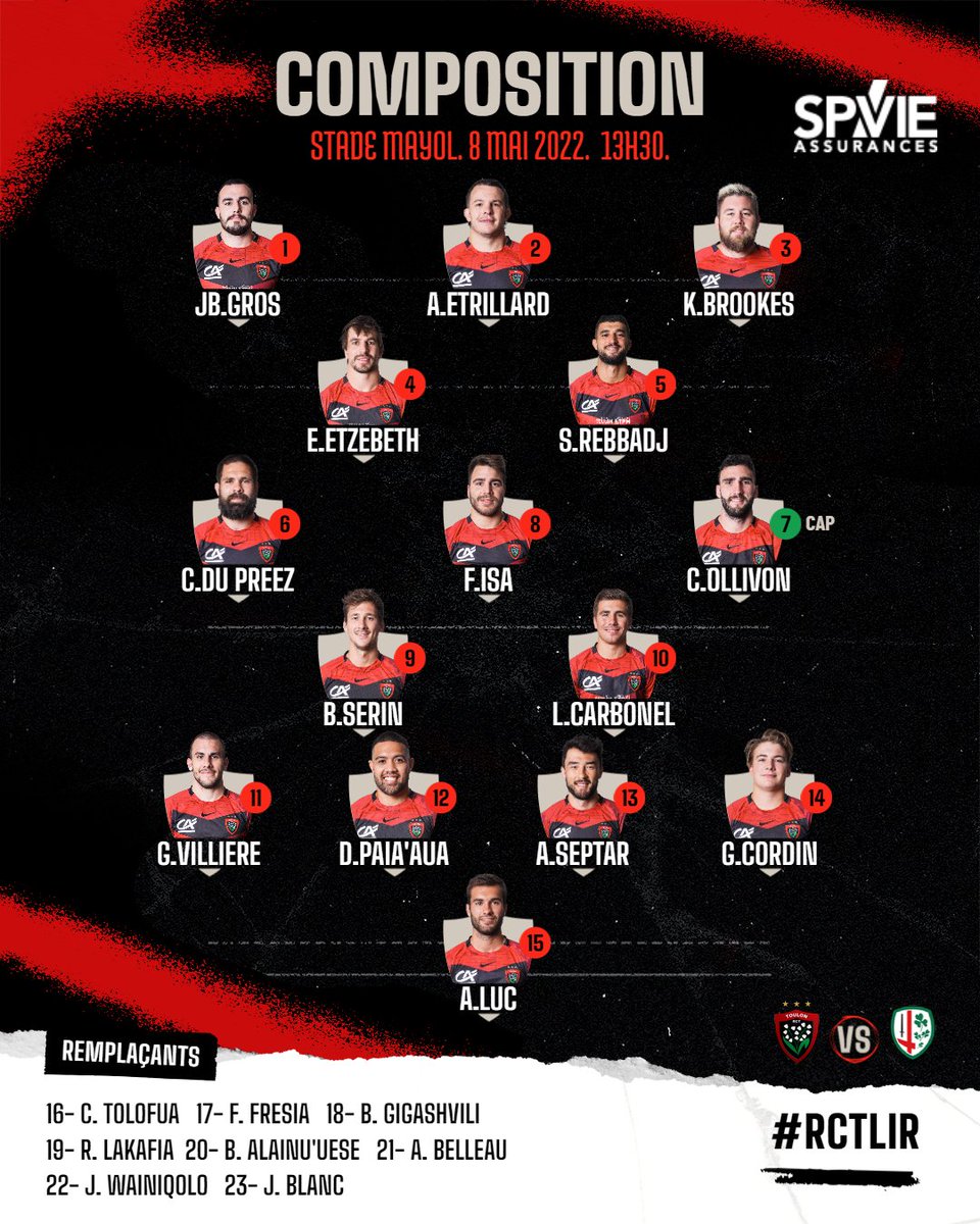 RCTofficiel's tweet photo. ⚔️ 𝐋𝐀 𝐂𝐎𝐌𝐏𝐎 

@spvie vous présente les 2️⃣3️⃣ 🔴 &amp; ⚫️ retenus pour le match de dimanche au Stade Mayol face aux @londonirish pour ce Quart de Finale de @ChallengeCup_ ! 

#RCTLIR https://t.co/jE6B1jLmJk