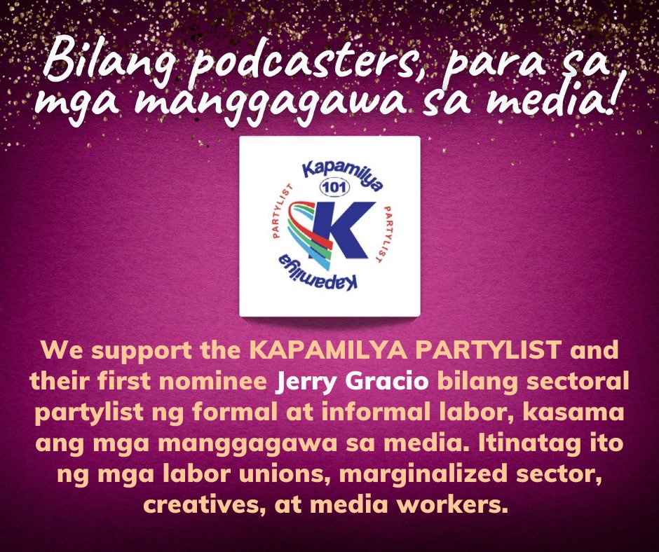 Mga Bes, baka wala pa po kayong napupusuang partylist, ehem. Boses natin ito. 🌷🏳️‍🌈😇
<a href="/101Kapamilya/">101KapamilyaPartylist</a> <a href="/JerryGracio/">Jerry B. Grácio</a>  
#FreePress #PressFreedom