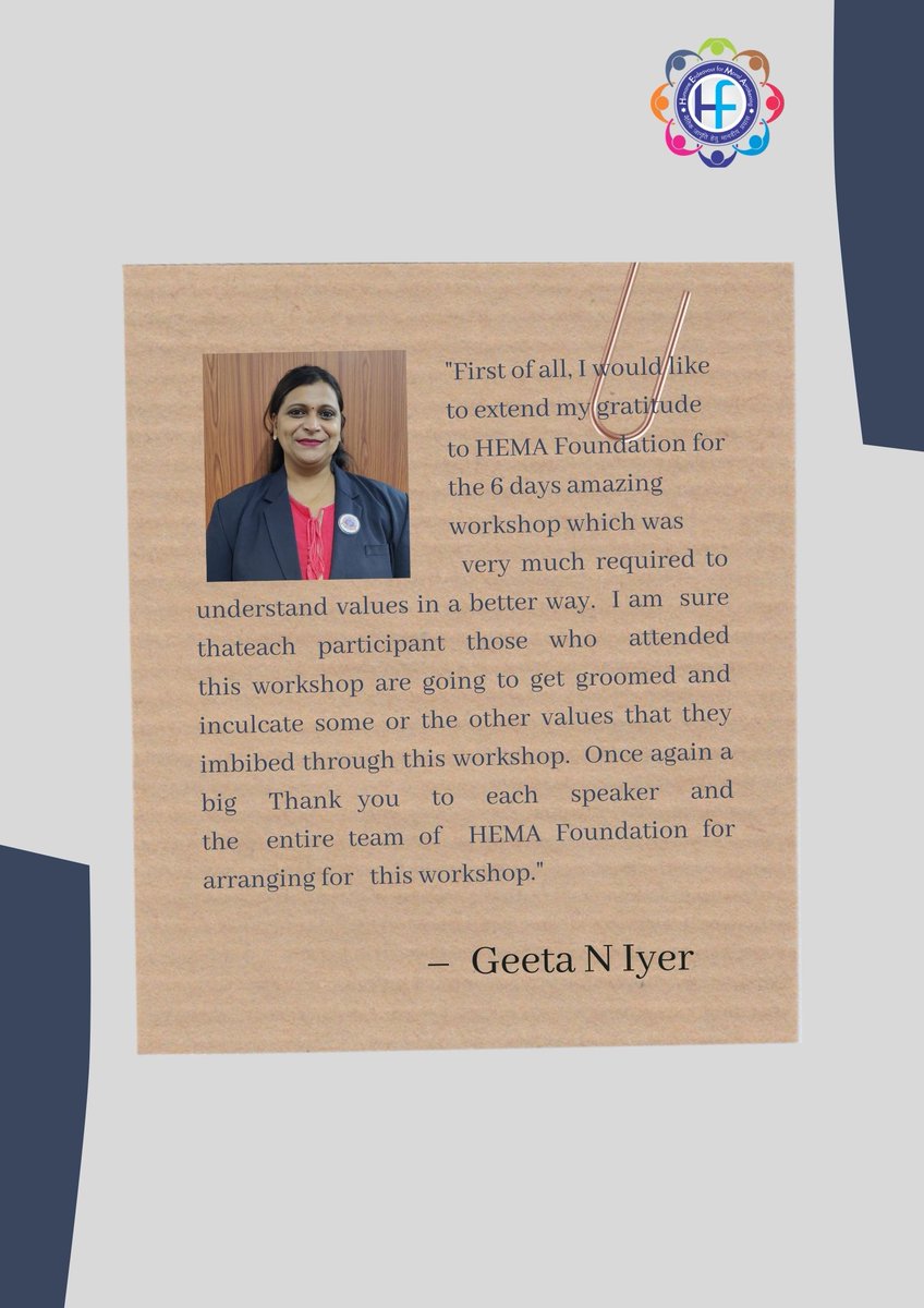 Thank you very much, Ms. Geeta N Iyer, from BK Birla Public School, Kalyan for your kind words. Such testimonials from teachers like you really help us spread about HEMA Foundation and bring visionary change to our society.

#teachers #School #change #society #ValueEducator