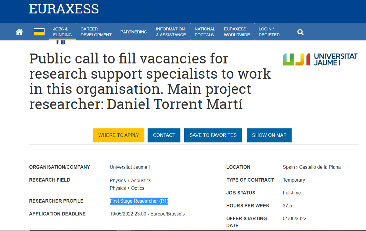 Can you believe it? I have more job vacancies for you!🎉➡️First Stage Researcher (R1): Public call to fill a vacancy for research support specialist to work at @UJIuniversitat on a full contract. #optoacoustics #opticalimaging euraxess.ec.europa.eu/jobs/781309