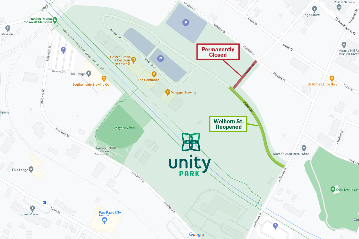 CityGreenville's tweet photo. Welborn Street reopens Monday morning, becoming the NEW permanent vehicular entrance to Unity Park.
At the same time, one block of Nassau Street - south of Meadow Street - will close permanently and be converted to a walking trail. #buildunity https://t.co/TSJpEB1DSZ
