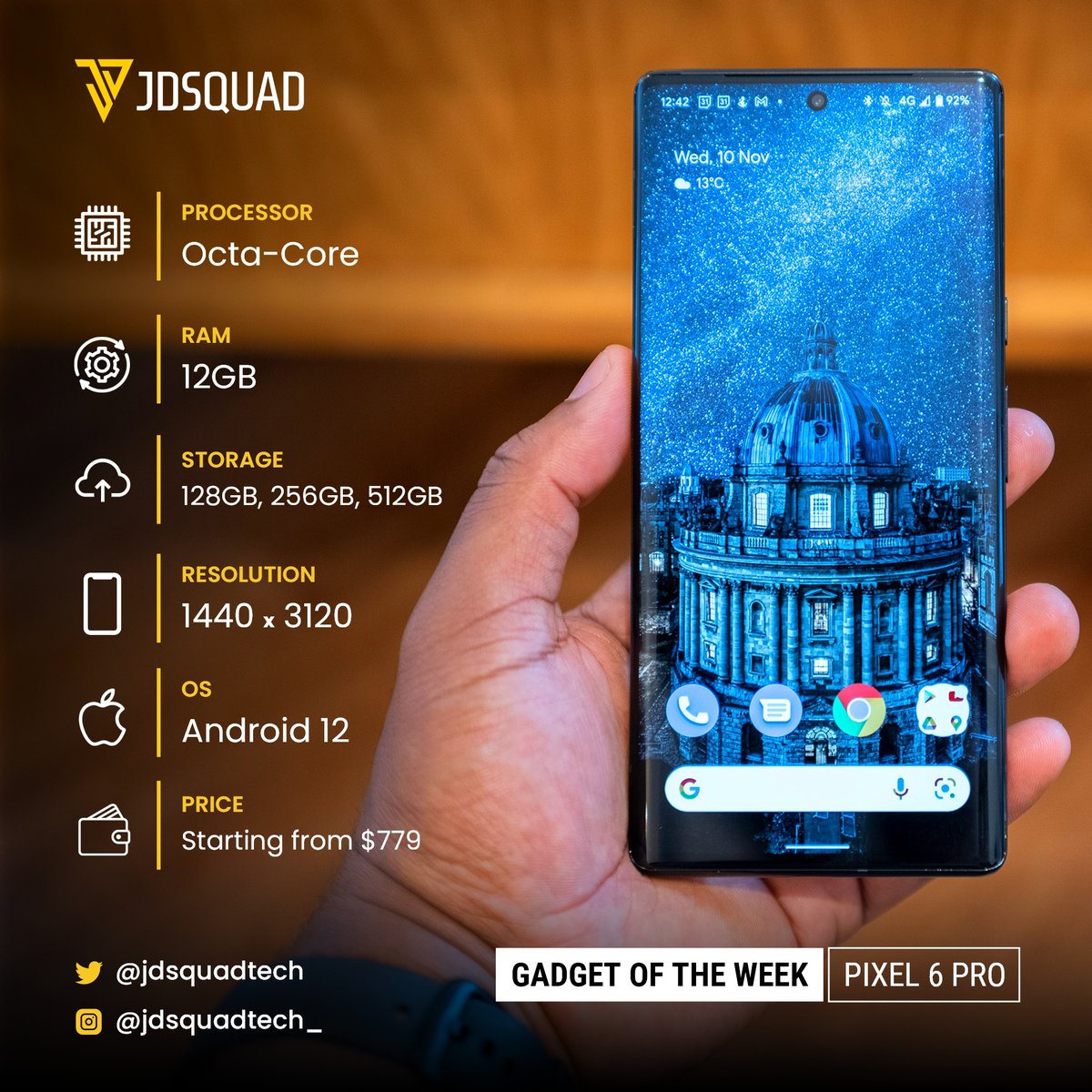Tech_Clipper's tweet photo. Our Gadget of the week goes to the #Pixel6Pro
It is a very slick android device
#android #Gadgetoftheweek #AndriodOs #Pixel #JDSquad https://t.co/tuJ8v1cjTX