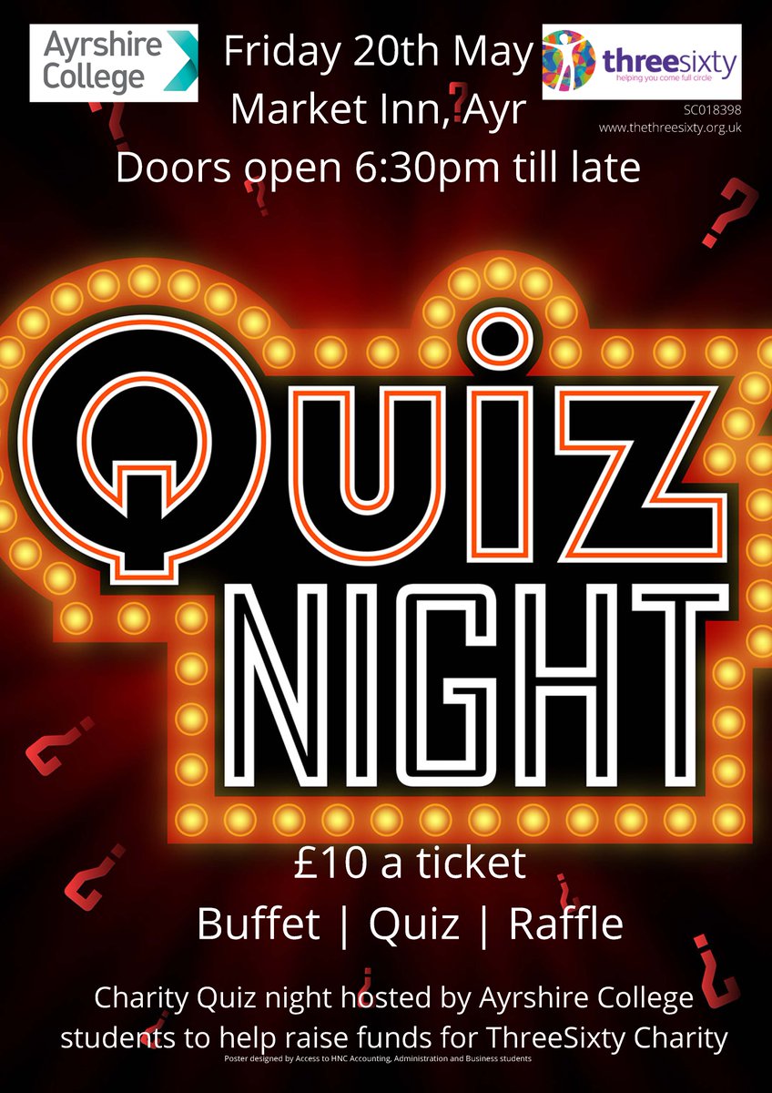 AyrshireColl's tweet photo. Access to HNC Accounting, Admin and Business are hosting a charity quiz night!

📅 Friday 20th May 2022, Market Inn, Ayr.
⌚ 6.30pm til' late.
 🎫 Tickets are £10 each.
✉️ Email devlin.mccloskey@ayrshire.ac.uk if interested in purchasing a ticket. https://t.co/r4URGUGJE0