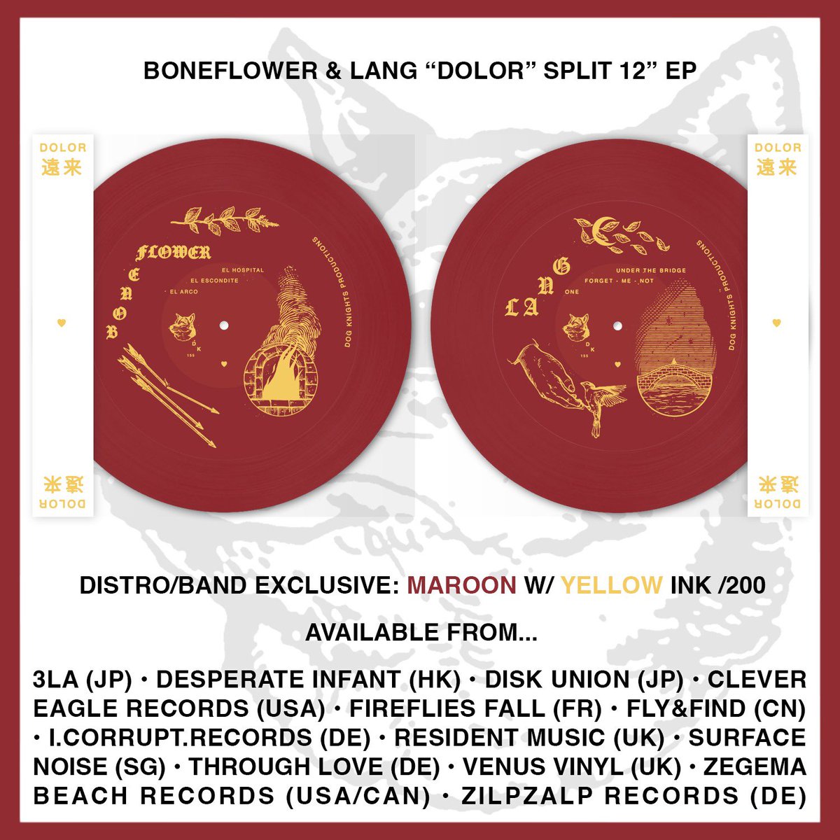 We’re happy (and relieved) to officially reveal this band/distro-exclusive variant of the boneflower &amp; lang split 12”, available from loads of great labels/stores all around the world! It was a logistical challenge to arrange whilst living in 3 different countries these /1