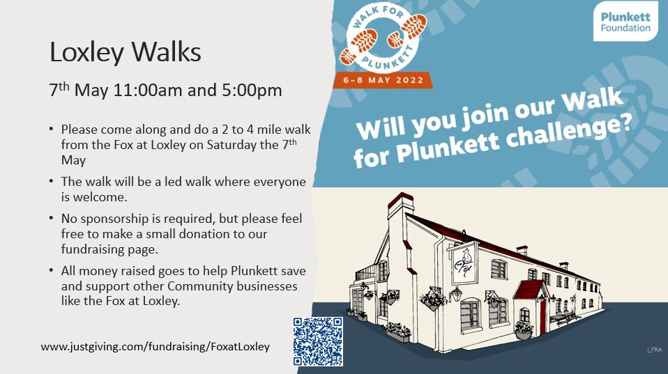 I will be doing the #walkforplunkett on Saturday with <a href="/ChrisCowcher/">Chris Cowcher</a> the <a href="/Fox_at_Loxley/">Fox at Loxley Community Pub</a> have a couple of free walks from the pub starting at 11:00am and 5:00pm. 
To make a small donation to help raise money for the @PlunkettFoundat please follow the link justgiving.com/fundraising/Fo…