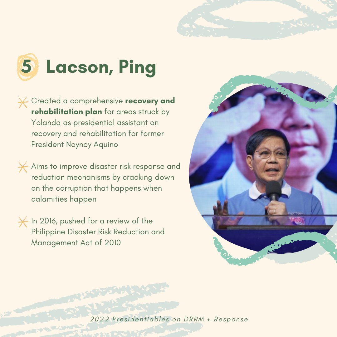 wavefarers's tweet photo. -- and local leaders have proper plans for disaster risk, reduction, and management (DRRM), and have a terrific record of immediate, quality disaster response. Swipe to read the top 6 presidentiables’ track records and platforms with regards to this climate policy area 💚 https://t.co/QByctW18SP