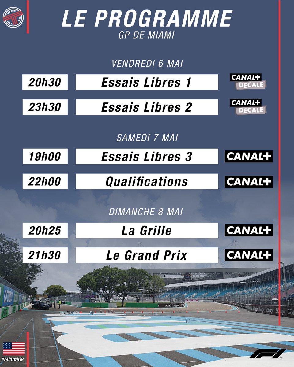 🗓️ LE PROGRAMME #F1 DU #MIAMIGP ! 🌴🇺🇸

🖥️ Un excellent week-end de vroom vroom à suivre sur les antennes de Canal+ !
