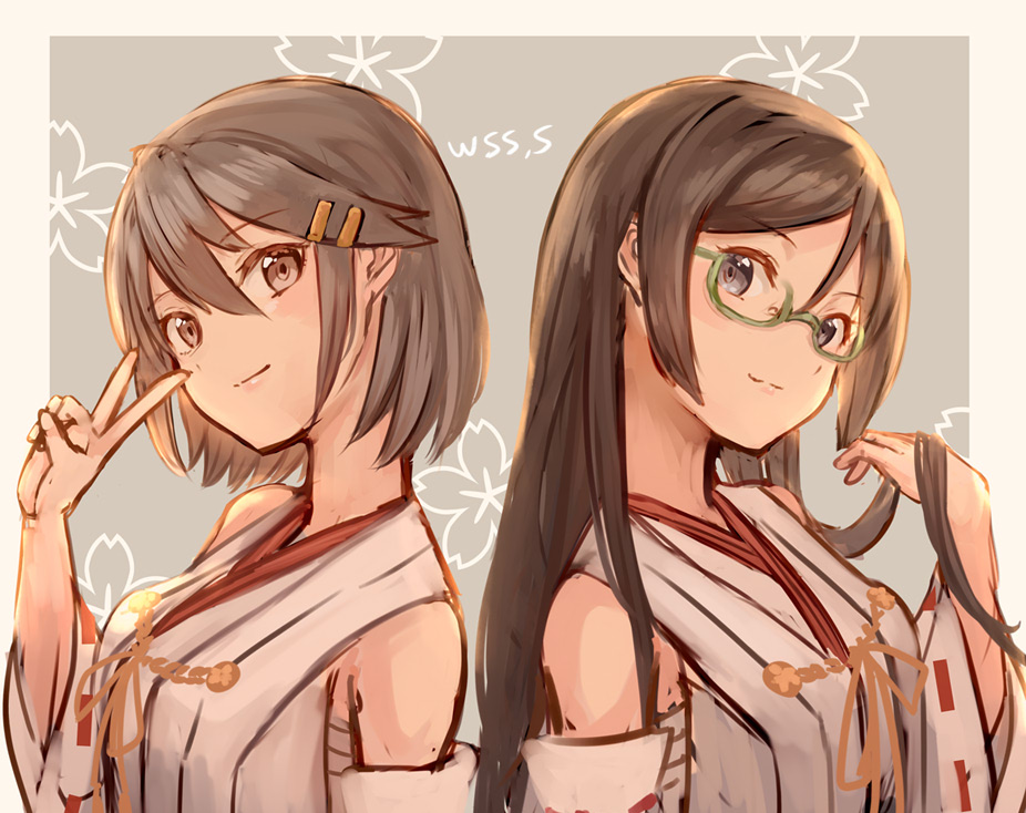 haruna (kancolle) ,kirishima (kancolle) multiple girls 2girls black hair short hair long hair alternate hair length glasses  illustration images