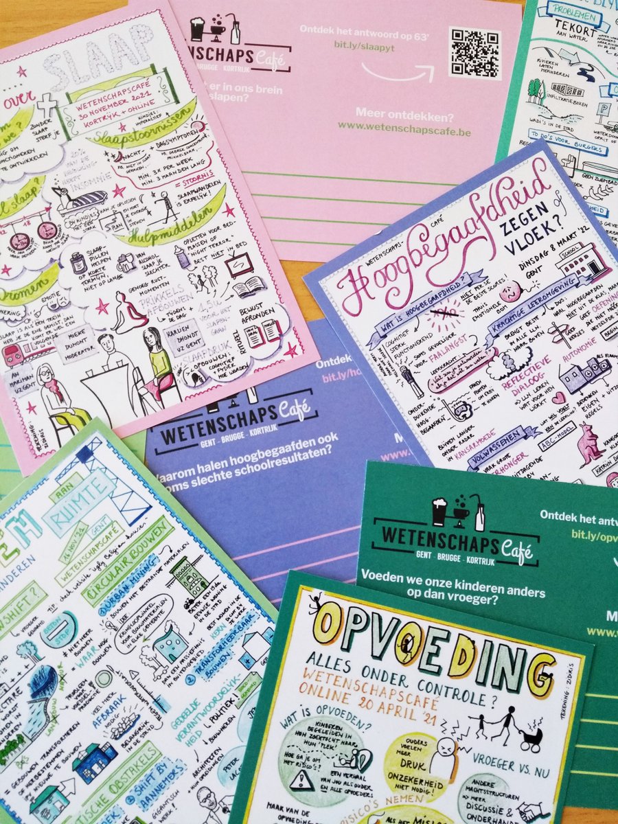Fan van onze visuele verslagen door @VandeveldeIris? Wij ook 🥰 
Je kan ze vanaf nu als #postkaart meenemen op onze #wetenschapscafés. 
Als boekenwijzer 📘 om je muur op te fleuren  🖼️ of om cadeau te geven 🎁

Je vindt ze in primeur op onze feesteditie vanavond. Tot straks! 👋