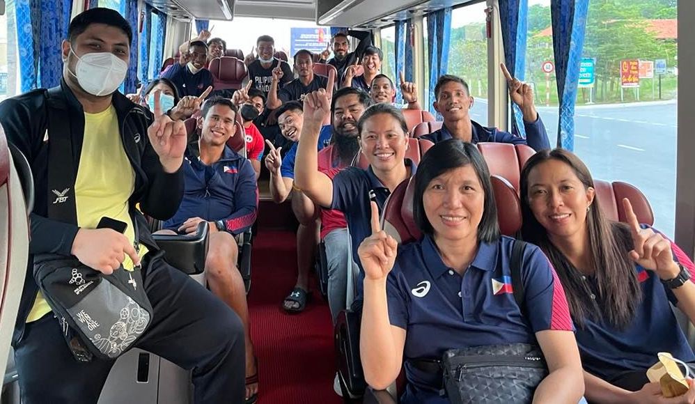 The Philippine Beach Handball Team members flash the No. 1 sign following a stunning 2-0 win against Thailand to start their campaign in the 31st Hanoi Southeast Asian Games in Vietnam <a href="/RapplerSports/">Rappler Sports</a> (Photo from PH Beach Handball Team coach Jana Franquelli)