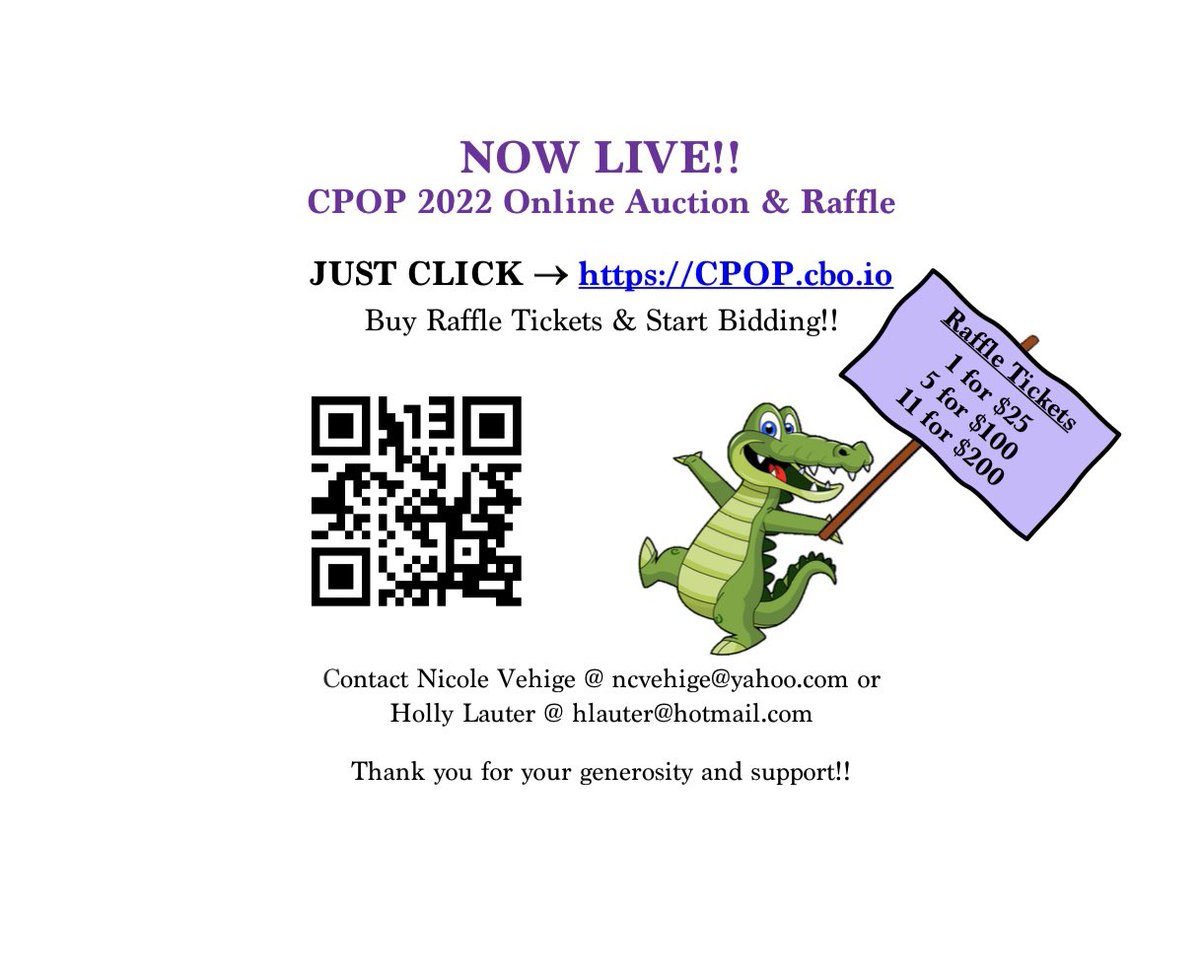 cpopalumni's tweet photo. Hey #CPOPGators! The CPOP 2022 Online Auction &amp; Raffle is Live!!! JUST CLICK: https://t.co/yhD8daBxBD Buy Raffle Tickets &amp; Start Bidding!!Bidding Ends Sat., May 7th at 8pm!Thank you for your generosity and support!! 🐊🤗🐊 https://t.co/ch1E22js2E