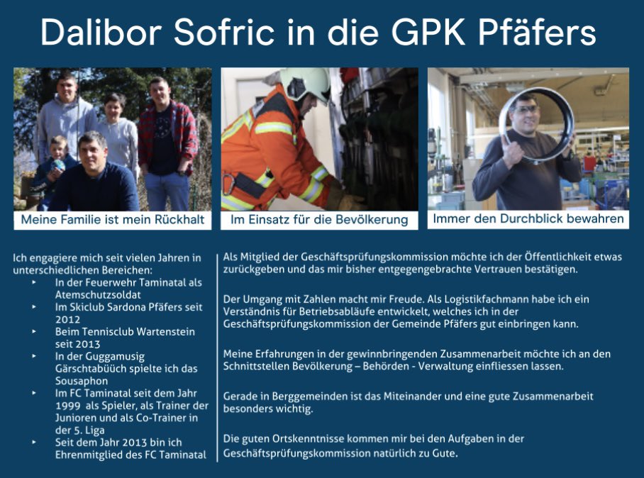 mittebadragaz's tweet image. Verwurzelt, zuverlässig, ehrlich — Das sind die Attribute, welche auf Dalibor Sofric zutreffen. 
Wir empfehlen ihn zur Wahl in die GPK der Gemeinde Pfäfers am 15. Mai 2022! 🙌🏻
#diemitte #teamorange #gpk #pfäfers #wahl