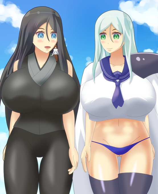 艦これのタ級とル級(巨大娘)描いてみました
肩に座っている提督を見ながら微笑んで歩いている絵です 
#巨大娘 #giantess #サイズフェチ 