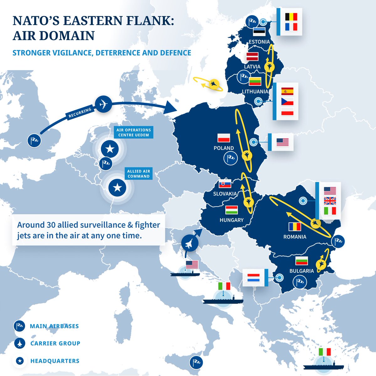 NATOpress's tweet photo. 🇪🇸Spanish jets guard 🇱🇹Lithuania’s airspace &amp; 🇫🇷 France surveillance planes scan the skies while 🇺🇸US bombers train with Allied air forces ✈️
In response to #Russia’s invasion of #Ukraine, #NATO has up to 30 aircraft on patrol at any moment.
#WeAreNATO https://t.co/4jjT7dWuNY