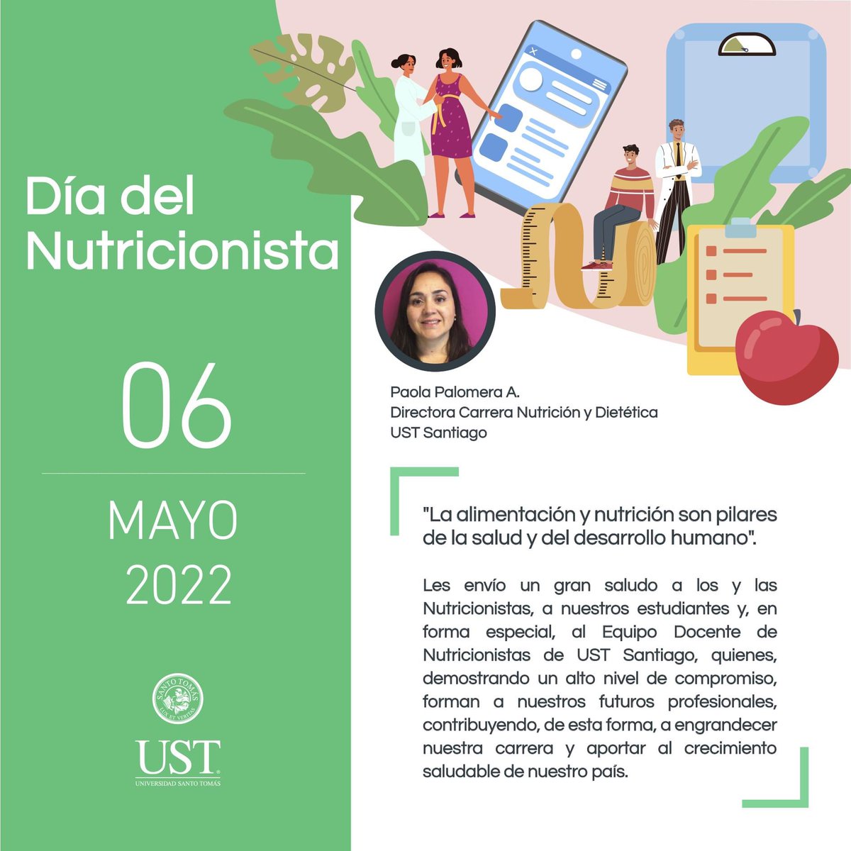 admision_UST's tweet photo. [DÍA DEL NUTRICIONISTA]

¡Muchas felicidades! Saludamos a todo el Cuerpo Docente de la Carrera de Nutrición y Dietética, a sus estudiantes y egresados. Compartimos con ustedes unas palabras de la Directora de Carrera, Paola Palomera. 

#DíaDelNutricionista #Nutrición #Dietética https://t.co/iNhRXr2xqu