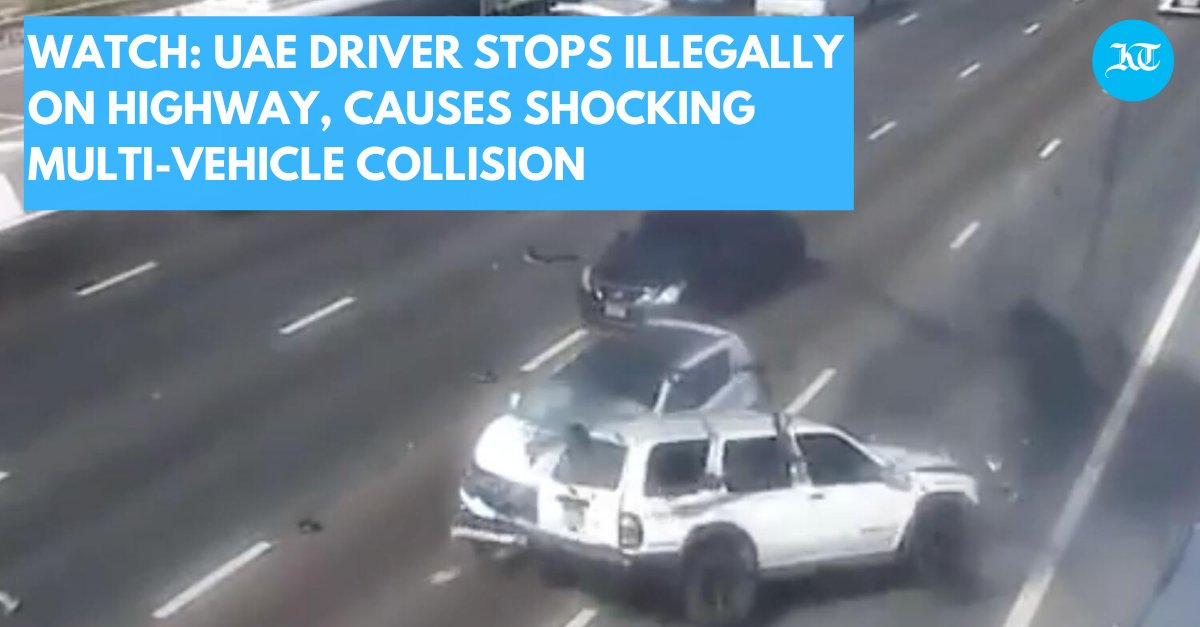 khaleejtimes's tweet image. Watch: The video shows a car slowing down and illegally stopping, causing a van to crash into it. This propels the first car forward, and another vehicle rams into it. A fourth vehicle then hits the third one

#AbuDhabi #UAE #highway #accident 

khaleejtimes.com/transport/watc…