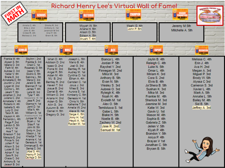 RHLeeMath's tweet photo. Congratulations to our students who have made the RHLee Wall of Fame this week and those students who continue to move up the Wall of Fame! 
@RHLeeESAACPS @AACPS_PK5Math @FirstInMath https://t.co/de0KO9DWe6