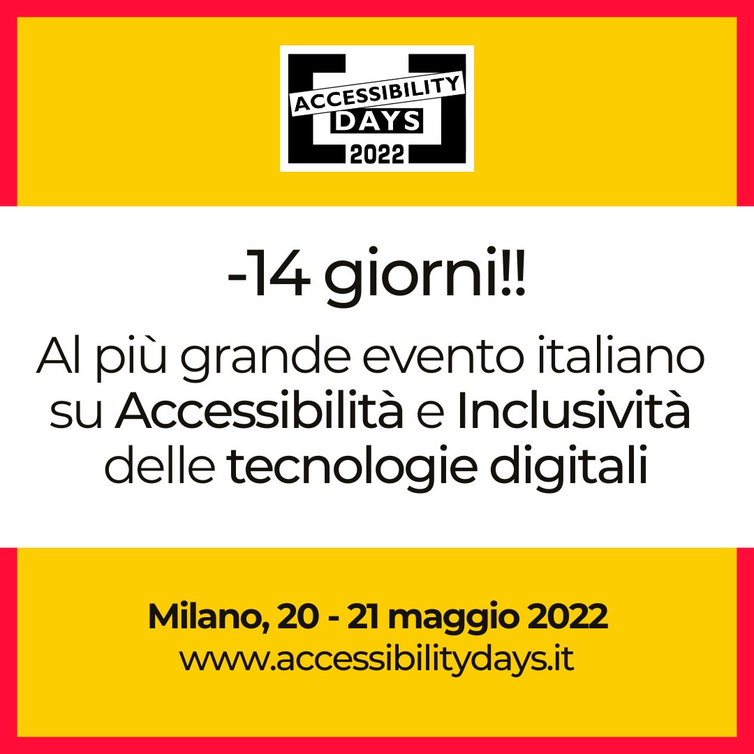 Google, Microsoft, META, IBM, Salesforce, Airbnb, <a href="/InnovazioneGov/">Dipartimento per la Trasformazione Digitale</a>, <a href="/AgidGov/">AGID</a>, CNR, Politecnico di Milano, DesignForAll, <a href="/wethinktangible/">Tangible</a> , <a href="/sketchin/">Sketchin</a>: sono solo alcune delle realtà che saranno con noi!

👉 Iscriviti: accessibilitydays.it/2022/it/iscriv…
👉 Agenda: accessibilitydays.it/2022/it/agenda/
