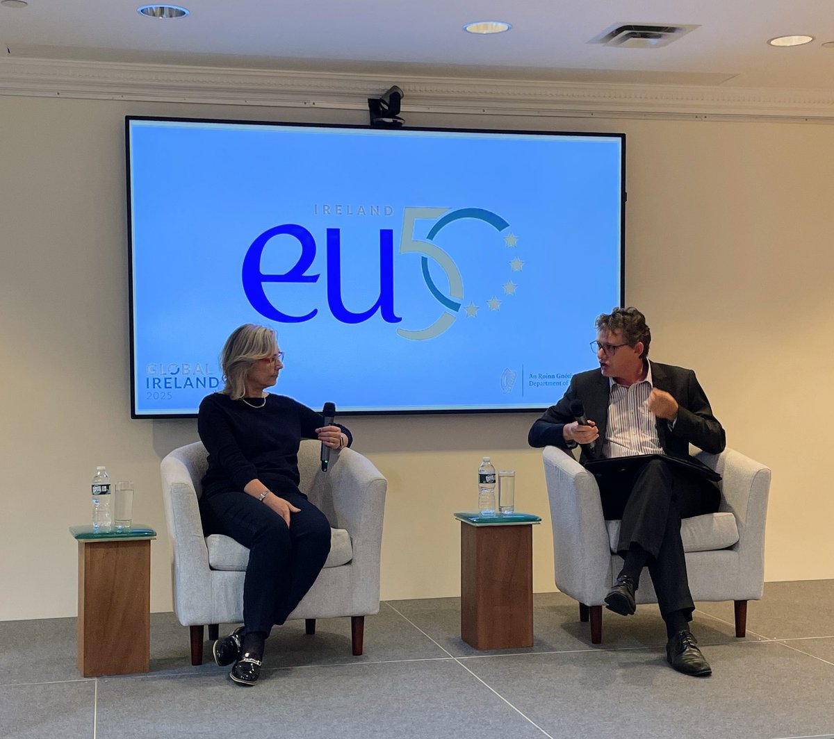IrelandinNY's tweet photo. Our May First Friday has kicked off with a discussion between @JamieSmythF and @MaherImelda about Ireland’s entry into the European Community in May 1972! 🇪🇺 #EU50 https://t.co/oy2MXaVbhZ