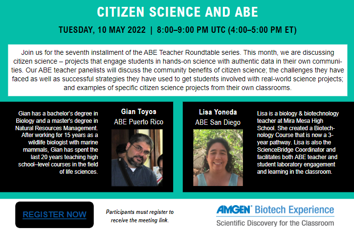 ABEProgOffice's tweet photo. Getting real with #citizenscience! Calling #ABE teachers to our May roundtable focusing on engaging students in real-world science activities that advance the field. Excited to feature #ABEMTF Fellows Lisa Yoneda and @GianToyos as our speakers! Register: https://t.co/dhifIOE4mB https://t.co/muxteGzR8p