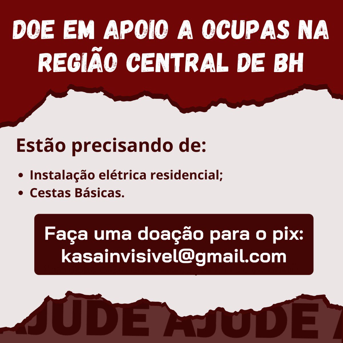 kasainvisivel's tweet photo. APOIE AS OCUPAÇÕES DO CENTRO ⚠️

Doe qualquer valor para ajudar na instalação de energia elétrica e cestas básicas para uma nova ocupação na região central de BH.

Pix: kasainvisivel@gmail.com

É na solidariedade que conseguimos construir um mundo novo!

Vida longa  as ocupações! https://t.co/xjHSFFifqN