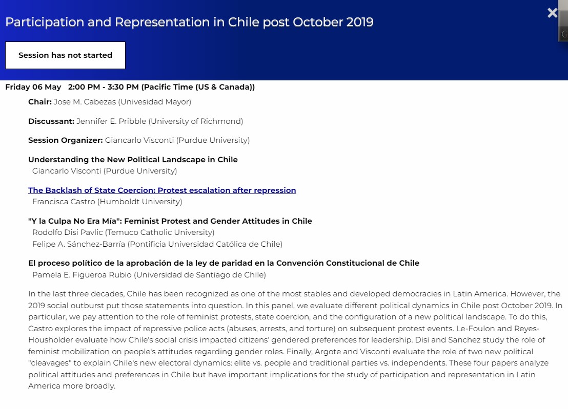 Raul Madrid (@raul_l_madrid) on Twitter photo "Y la Culpa No Era MĂa": Feminist Protest and Gender Attitudes in Chile
Our <a href="/UTGovernment/">UT Government</a> alumnus <a href="/rdisip/">Rodolfo Disi Pavlic</a> presents his research today at 2pm (Pac)
#LASA2022 "Y la Culpa No Era MĂa": Feminist Protest and Gender Attitudes in Chile
Our <a href="/UTGovernment/">UT Government</a> alumnus <a href="/rdisip/">Rodolfo Disi Pavlic</a> presents his research today at 2pm (Pac)
#LASA2022