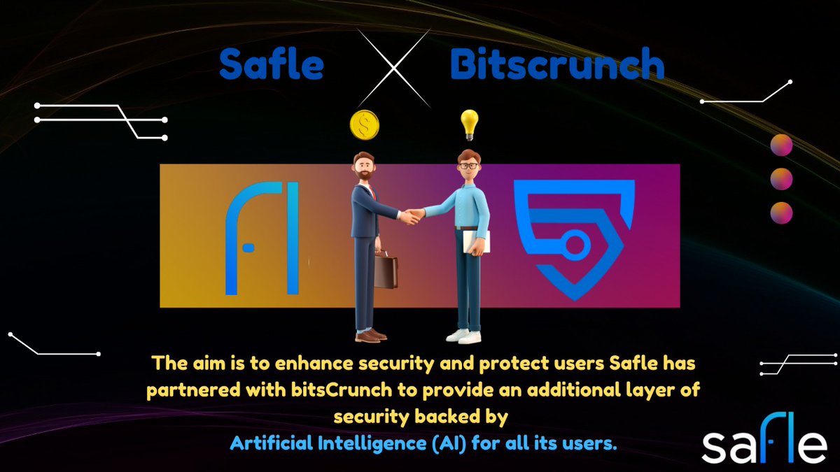Parul484's tweet photo. Partnership for 
#Safle users with #bitCrush announced! 📢
@GetSafle has created the most secure non-custodial ✅
multi-chain wallet ✅
available today. 
@bitsCrunch to provide an additional layer of security backed by Artificial Intelligence (AI) for all its users. https://t.co/N3JT02FtdP