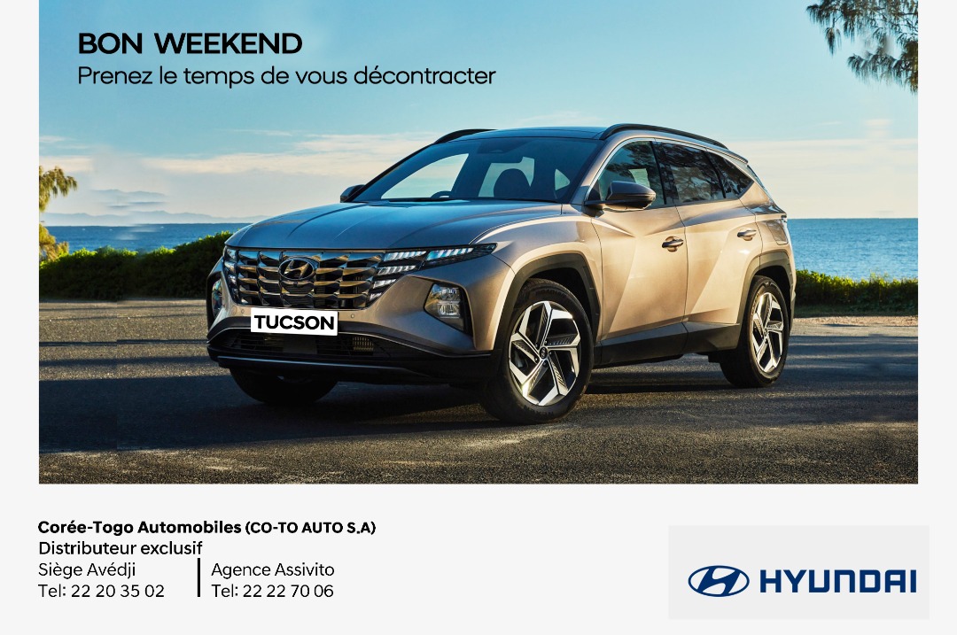 HYUNDAITOGO's tweet photo. Enfin le week-end, tout en douceur avec #HyundaiTucson !!!
Prenez le temps de vous décontracter et d'être avec vos proches.
#hyundaitogo #enfinleweekend #decontraction #HyundaiTucson #automobiles 
🏢 Blvd de la CEDEAO, Avédji, Lomé
☎️ Tel: 2222-3502 / 9089-0080 https://t.co/1CPfOQkLUb