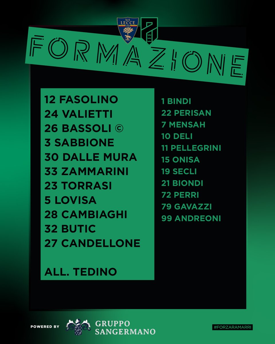 PordenoneCalcio's tweet photo. La nostra formazione 🖤💚
#ForzaRamarri #ForzaPordenone #LECPOR https://t.co/JpYElVnv0z