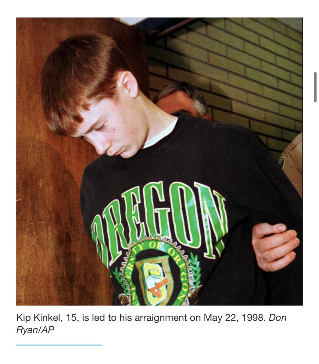 Kip Kinkel, who shot his parents to death before committing the Thurston High School Shooting in 1998, might be the only person to do a perp walk in University of Oregon swag.