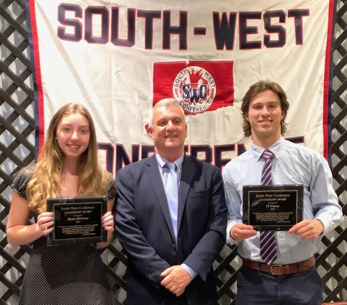 Ihsmustangs's tweet photo. Athletic Director Nelson Mingachos ‘89 and everyone at Immaculate offer congratulations to seniors JT Gunzy(Danbury) and Diana DiVestea(Ridgefield) for being recognized at the South-West Conference leadership award ceremony this week. 
#IHSMustangs #IHSAthletics https://t.co/Li8itPNe8I