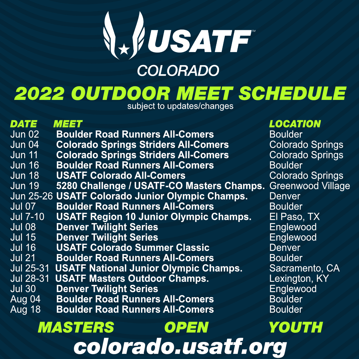 Are you ready for some Track &amp; Field?

Check out the USATF Colorado calendar of upcoming sanctioned events!

colorado.usatf.org/news/2022/colo…