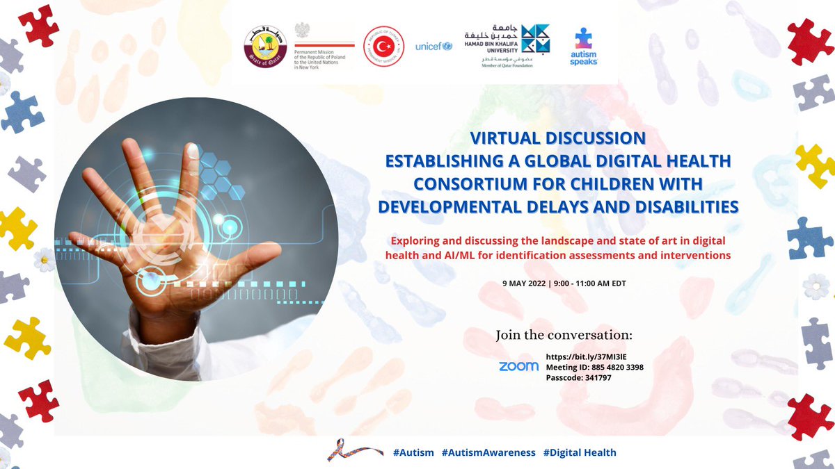 QatarAtUN's tweet photo. 🔊Save The Date
❓️Virtual discussion on the application of #DigitalHealth &amp; AI/ML for Identification, Assessments &amp; Interventions for Children w/ Disabilities in #LMICs
By #Qatar 🇶🇦 w/ @PLinUN @Turkey_UN @UNICEF @HBKU @autismspeaks 
🗓 9 May 2022 | 9- 11am EDT
#AutismAwareness https://t.co/MKPsqgeg7f