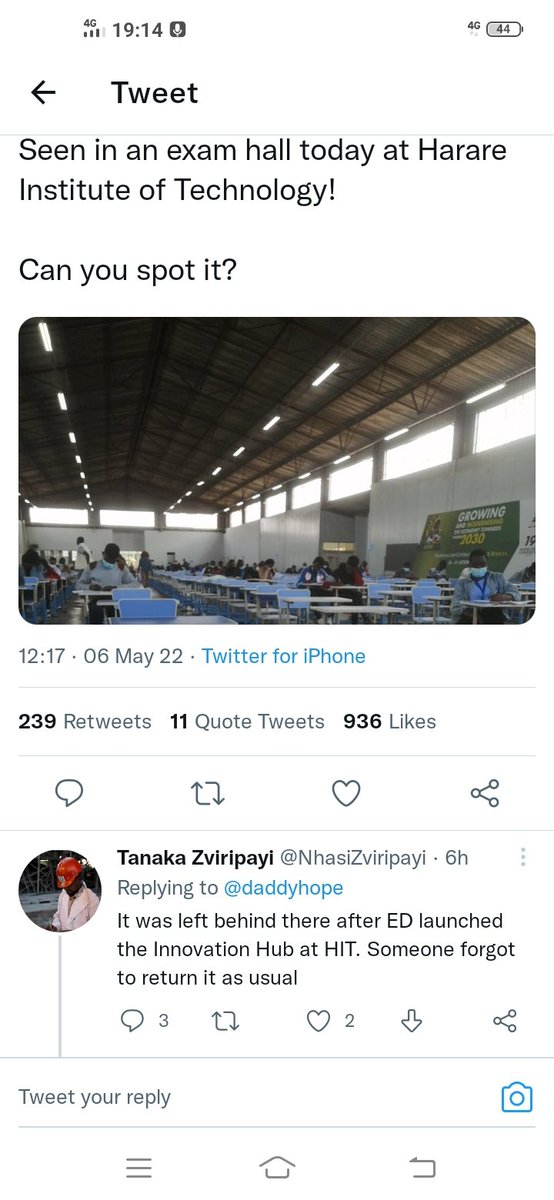 MarungaSymley's tweet photo. @zimrobbie @DenhereTaona @daddyhope Well before I asked, I had read one of the comments saying it was a billboard used at a launch of an innovation hub at HIT which to me is a national event https://t.co/tB12mu1kWT