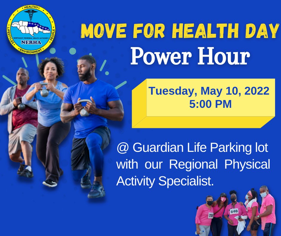 mohnerha's tweet image. Join us on the grounds of the Guardian Life Parking Lot, Ocho Rios St. Ann 
For POWER 💥HOUR🤜🏼 in celebration of Move for Health Day 
Tuesday, May 10th 2022 at 5:00 PM 
#moveforhealth #keepmoving #exercisemore #healthypeople #healthylifestyle