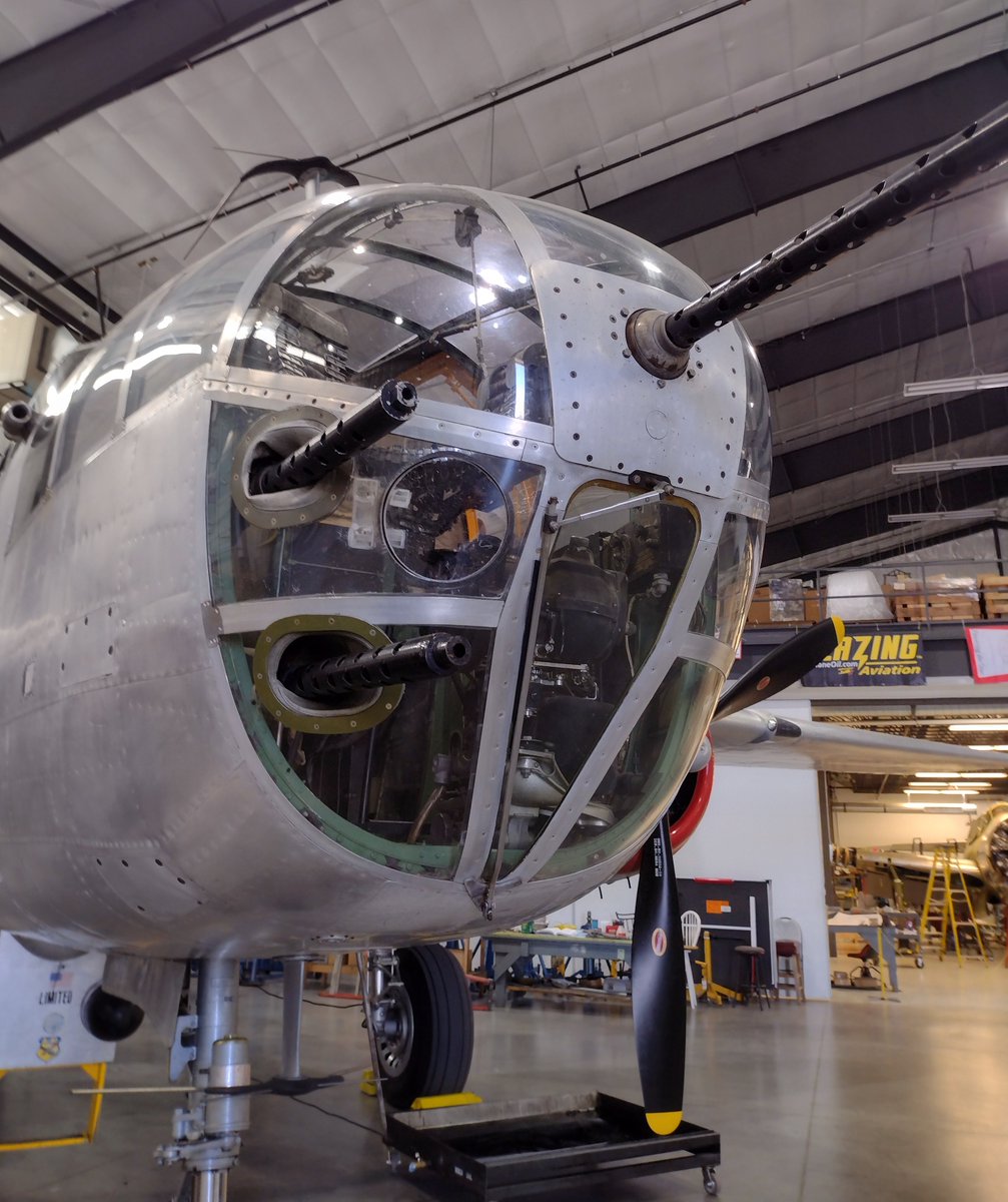 WWIIAviation's tweet photo. Our North American B-25J Mitchell medium bomber "In The Mood" carries three nose-mounted 0.50-cal machine guns. See "In The Mood" when you visit the museum!
#WWII #AvGeek 
Photo credit: Rich Tuttle https://t.co/di5ewmwEBR