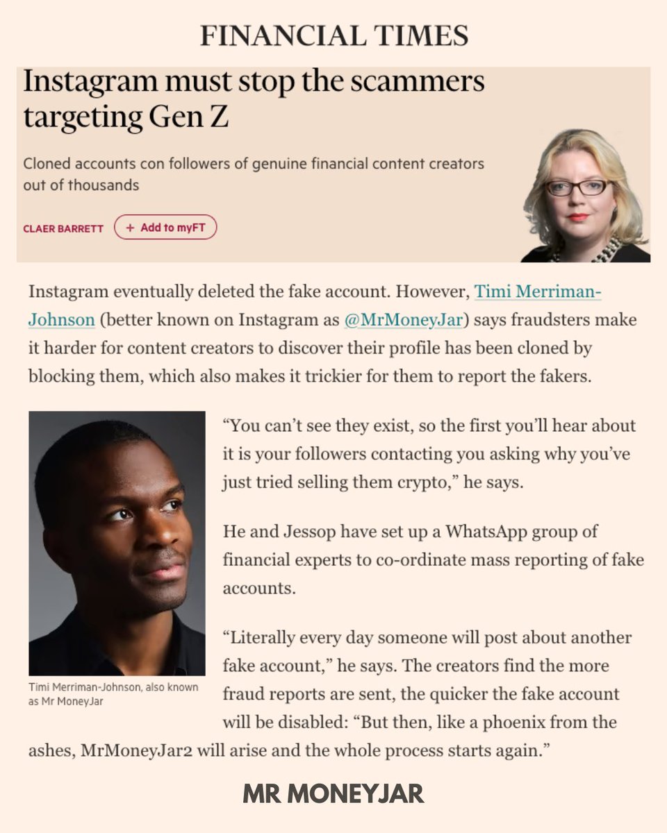 mrmoneyjar's tweet photo. Many thanks to @claerb for featuring me in her piece about the rise of social media scams, and the #MetaDoBetter campaign, which I launched with @laypennies @laura_ann_moore and @PandaBossAnna this week.
It's free to read in the FT. Do check it out at:
https://t.co/5QvrFizobz https://t.co/VhKWoghXAi
